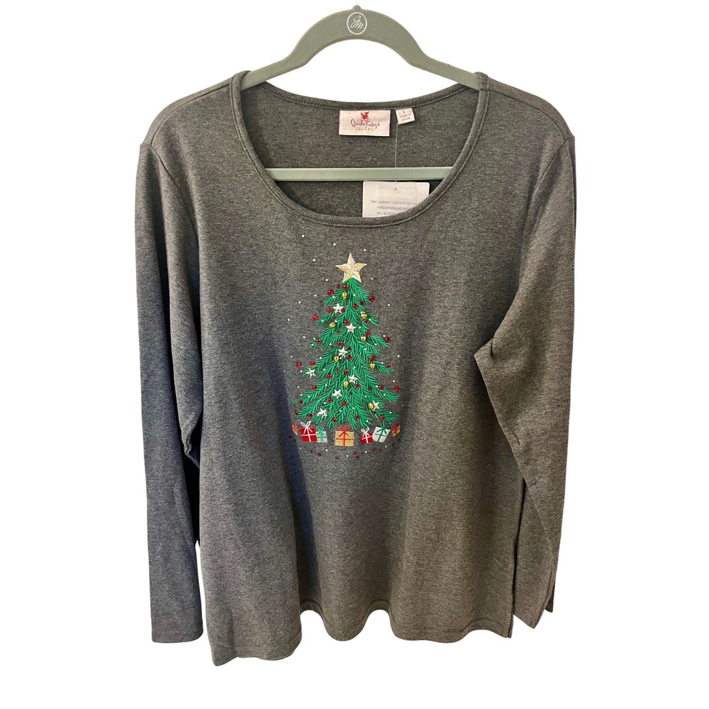 Quacker Factory Sequin Festive Christmas Tree Long Sleeve Top Womens Gray Size L